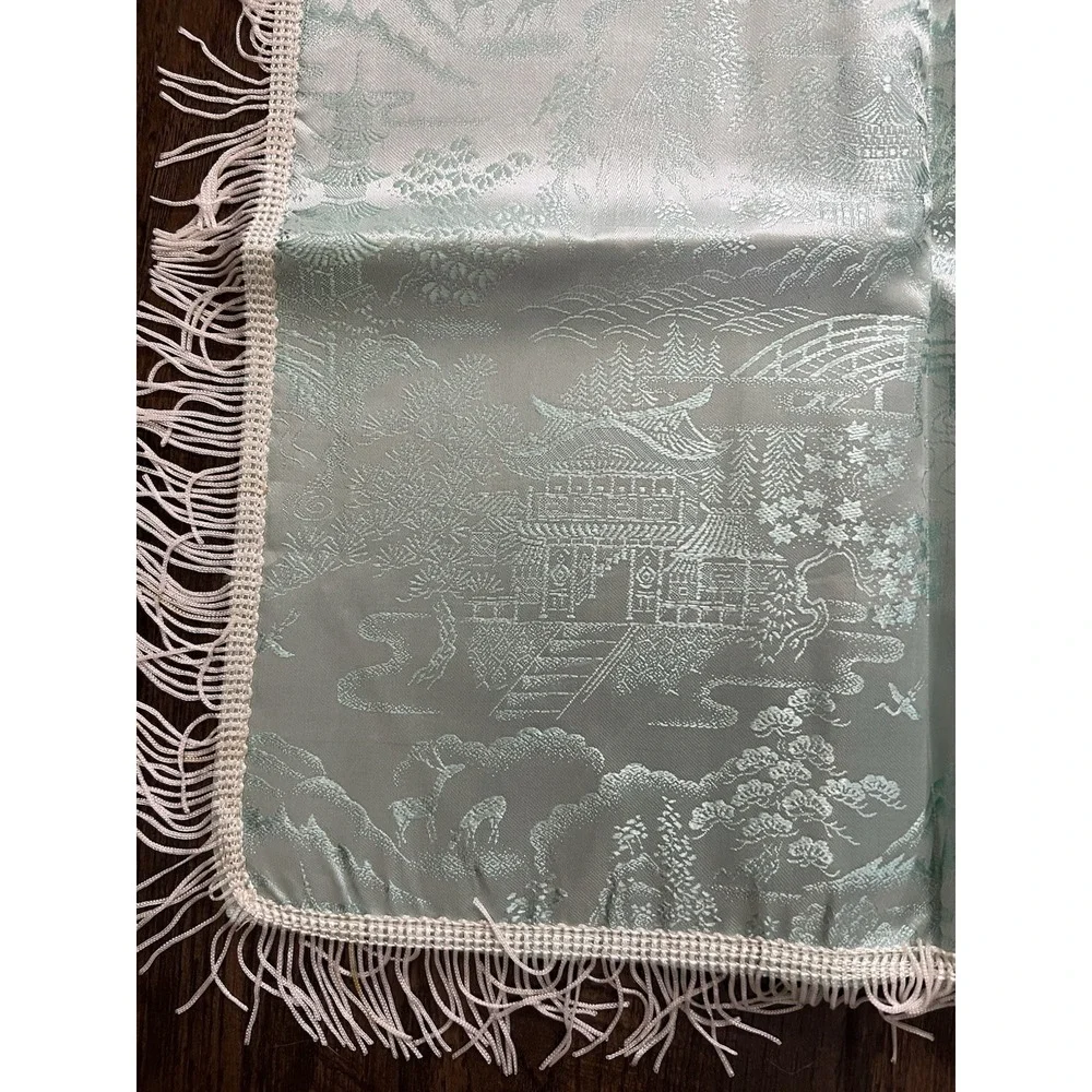 Vtg BROCADED Silky Ice Blue Tablecloth Cover Reversible China Fringe‎ 50x60